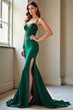 Dark Green Spaghetti Straps Corset Long Prom Dress with Slit