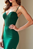 Dark Green Spaghetti Straps Corset Long Prom Dress with Slit