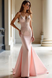 Spaghetti Straps Appliqued Pink Mermaid Satin Long Prom Dress