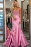 Mermaid Beaded Pink Satin V-Neck Long Prom Dress