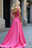 Fuchsia V-Neck Cut Out A Line Satin Long Prom Dress