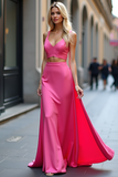 Fuchsia V-Neck Cut Out A Line Satin Long Prom Dress