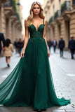 Spaghetti Straps Dark Green Applique A Line Long Prom Dress