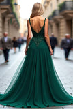 Spaghetti Straps Dark Green Applique A Line Long Prom Dress