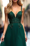 Spaghetti Straps Dark Green Applique A Line Long Prom Dress