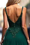 Spaghetti Straps Dark Green Applique A Line Long Prom Dress