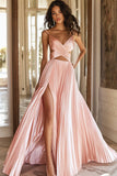 A Line Pink Spaghetti Straps Holow Out Pletaed Long Prom Dress with Slit