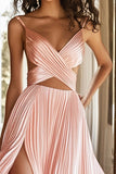 A Line Pink Spaghetti Straps Holow Out Pletaed Long Prom Dress with Slit