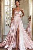 Pink A Line Spaghetti Straps Pleated Long Prom Dress with Slit