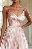 Pink A Line Spaghetti Straps Pleated Long Prom Dress with Slit