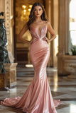 Mermaid Pink Spaghetti Straps V Neck Long Prom Dress