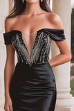 Sparkly Black Beaded Off the Shoulder Satin Mermaid Prom Dress with Slit