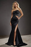 Black Sheath Satin Cut Out Prom Dress with High Slit