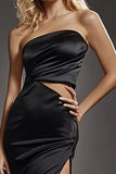 Black Sheath Satin Cut Out Prom Dress with High Slit