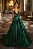 A Line Dark Green V Neck Appliques Long Prom Dress