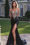 Sparkly Black Beaded Mermaid Long Prom Dress with Slit