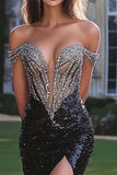 Sparkly Black Beaded Mermaid Long Prom Dress with Slit