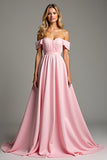 Pink Off the Shoulder Corset A Line Long Bridesmaid Dress