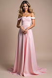 A Line Pink Off the Shoulder Sweetheart Long Bridesmaid Dress