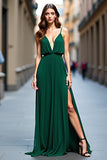 Dark Green V-Neck Pleated A Line Long Bridesmaid Dress with Slit