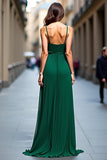 Dark Green V-Neck Pleated A Line Long Bridesmaid Dress with Slit