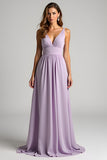 A Line Lilac V Neck Floor Length Bridesmaid Dress with Bow