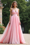 A Line Pink V-Neck Spaghetti Straps Pleated Long Bridesmaid Dress