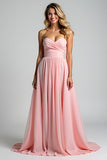 A Line Pink Sweetheart Pleated Long Bridesmaid Dress