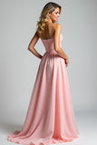 A Line Pink Sweetheart Pleated Long Bridesmaid Dress