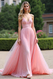 A Line Spaghetti Straps Pink Pleated Bridesmaid Dress with Criss Cross Back