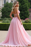 A Line Spaghetti Straps Pink Pleated Bridesmaid Dress with Criss Cross Back