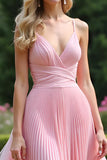 A Line Spaghetti Straps Pink Pleated Bridesmaid Dress with Criss Cross Back