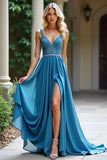 Dusty Blue A Line Applique Pleated Long Bridesmaid Dress with Slit