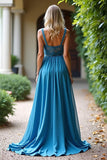 Dusty Blue A Line Applique Pleated Long Bridesmaid Dress with Slit