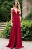 V-Neck Spaghetti Straps Burgundy A Line Long Bridesmaid Dress