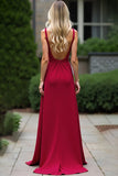 V-Neck Spaghetti Straps Burgundy A Line Long Bridesmaid Dress