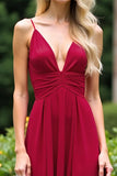 V-Neck Spaghetti Straps Burgundy A Line Long Bridesmaid Dress