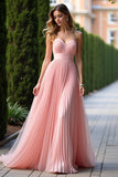 A Line Pink Pleated Sweetheart High Waist Long Bridesmaid Dress