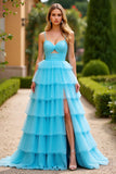 Blue Ball Gown Spaghetti Straps Tiered Long Prom Dress with Slit