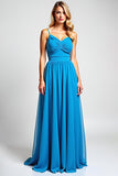 Blue Spaghetti Straps A Line Chiffon Long Bridesmaid Dress