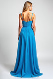 Blue Spaghetti Straps A Line Chiffon Long Bridesmaid Dress