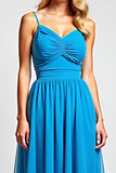 Blue Spaghetti Straps A Line Chiffon Long Bridesmaid Dress