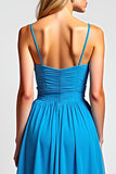 Blue Spaghetti Straps A Line Chiffon Long Bridesmaid Dress