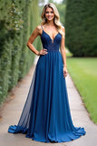 Dark Blue A Line V Neck Chiffon Long Bridesmaid Dress