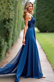 Dark Blue A Line V Neck Chiffon Long Bridesmaid Dress