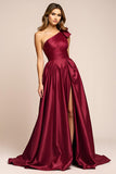 Burgundy A Line One Shoulder Ruched Long Prom Dress with Slit