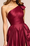 Burgundy A Line One Shoulder Ruched Long Prom Dress with Slit