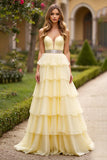 Light Yellow Tiered A Line Strapless Beaded Long Prom Dress