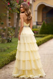 Light Yellow Tiered A Line Strapless Beaded Long Prom Dress