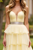 Light Yellow Tiered A Line Strapless Beaded Long Prom Dress